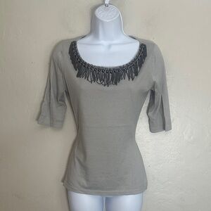 Neiman Marcus Gray Blouse with Beaded Neckline